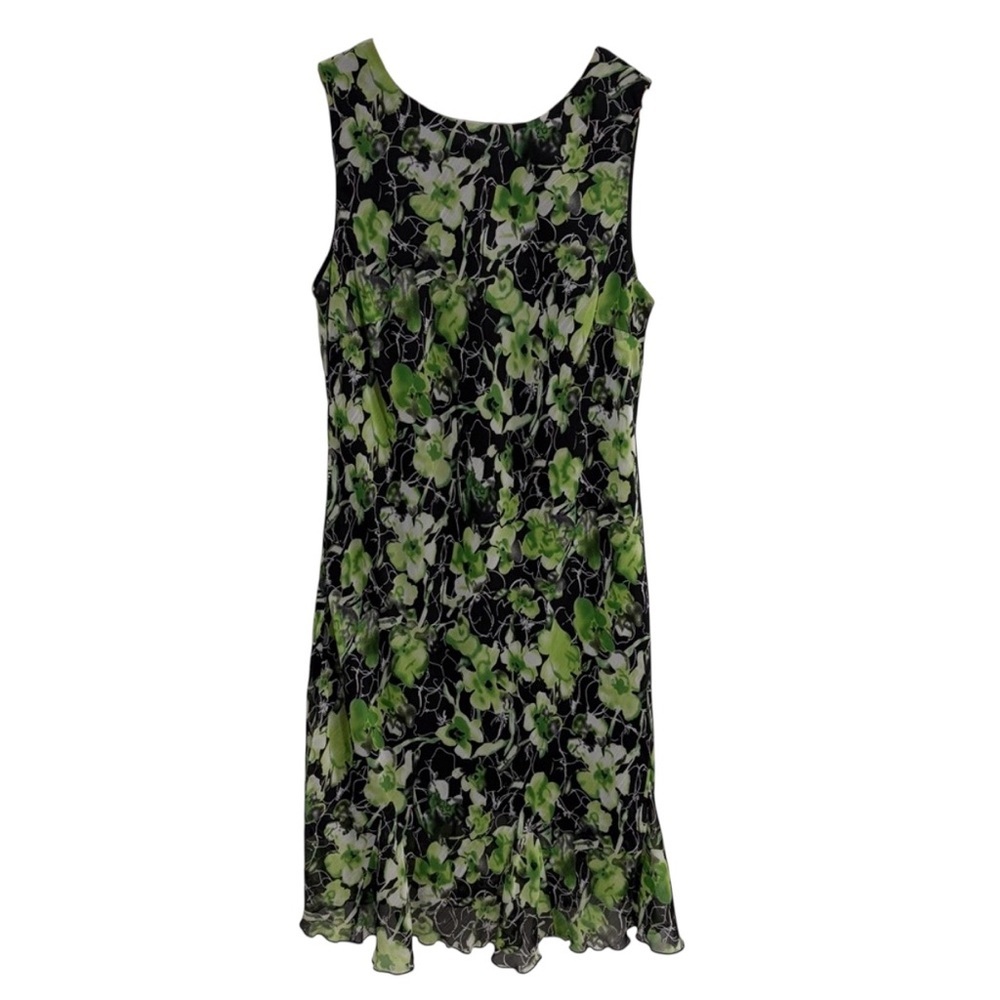 Jessica Green and Black Floral Sleeveless Midi Dress Ruffled Hemline Scoop Neck
